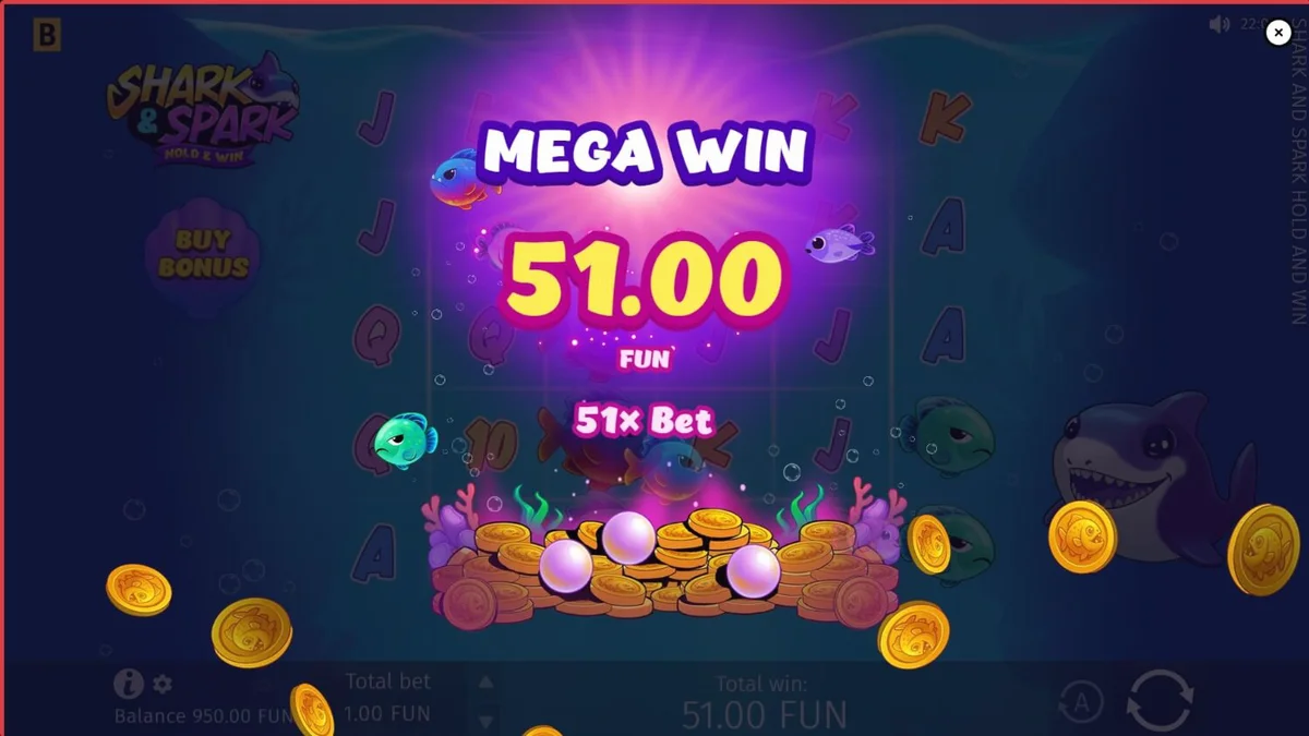Interface colorida e divertida do slot Shark & Spark Hold & Win com tema subaquático